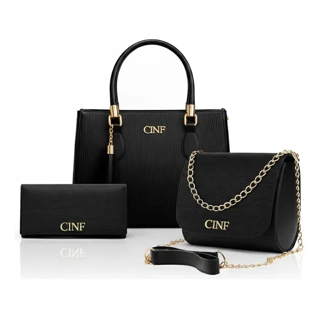 Kit Com 3 Peças Bolsas Feminina Transversal Média Tira Colo Carteira Cor Preta Cinf