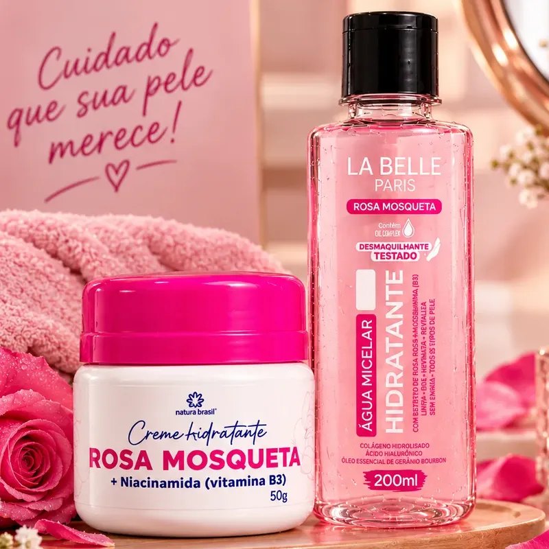 Kit Skincare Rosa Mosqueta Creme Hidratante Com Água Micelar