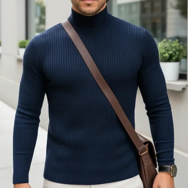 Camiseta Masculina Manga Longa Gola Alta Canelada Camisa