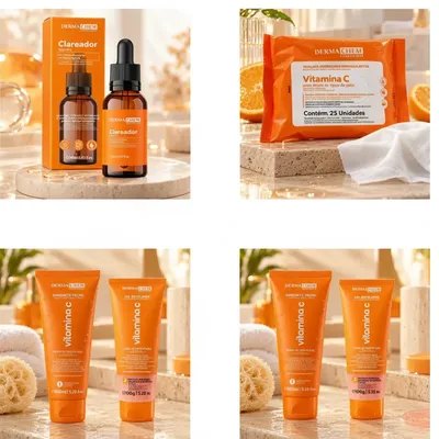 Kit Skincare Dermachem Vitamina C 4 Produtos Sérum Clareador Sabonete Facial Esfoliante E Lenços Demaquilantes
