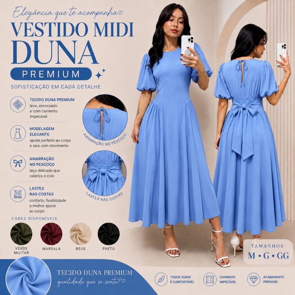 Vestido Midi Feminino com Manga Bufante Tecido Duna com Lastex nas Costas Moda 2026