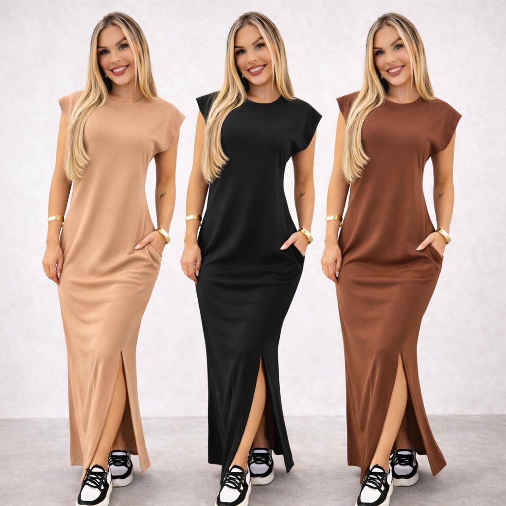 Vestido longo casual basico feminino ribana canelada manga muscle moda gringa preto marrom plus size